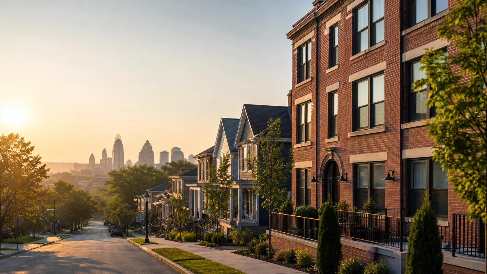 Restored Cincinnati rental homes on a clean neighborhood street at sunrise